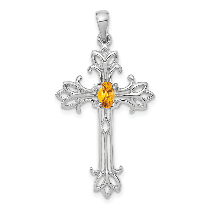 14k White Gold Oval Citrine Stone Detailed Cross Pendant