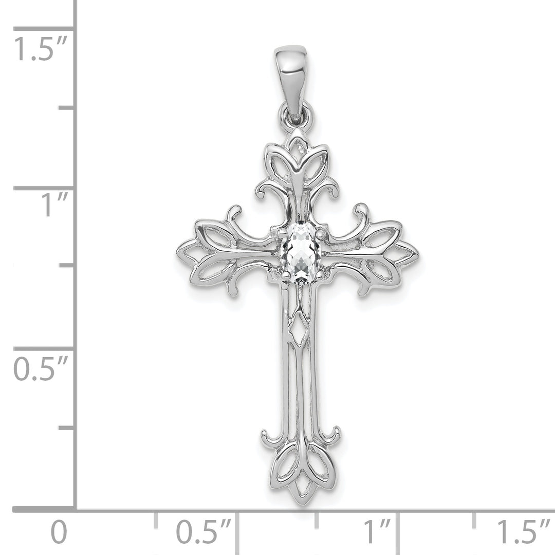 14k White Gold Oval Shape Cubic Zirconia Stone Cross Pendant