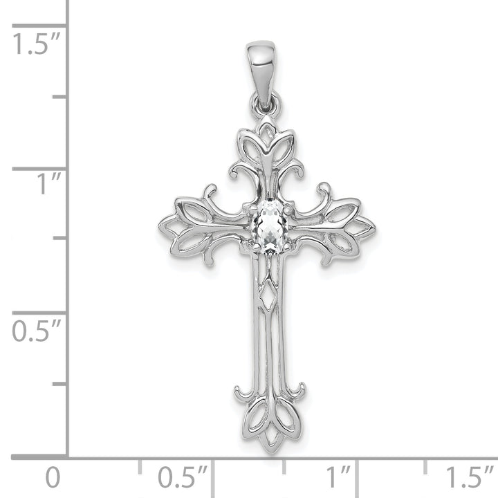 14k White Gold Oval Shape Cubic Zirconia Stone Cross Pendant