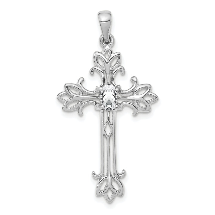 14k White Gold Oval Shape Cubic Zirconia Stone Cross Pendant
