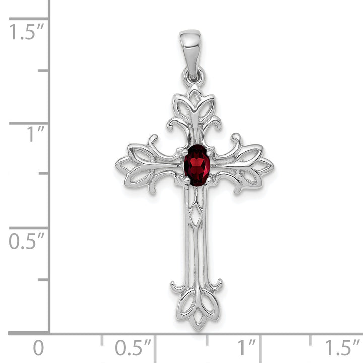 14k White Gold Oval Shape Garnet Stone Cross Pendant