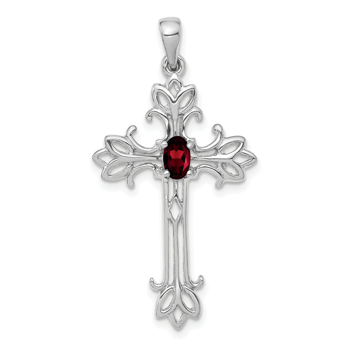 14k White Gold Oval Shape Garnet Stone Cross Pendant