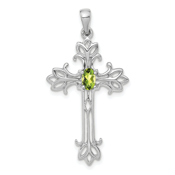 14k White Gold Oval Shape Peridot Stone Cross Pendant