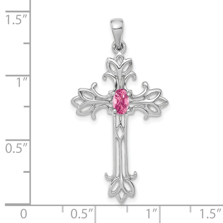 14k White Gold Oval Shape Pink Tourmaline Stone Cross Pendant