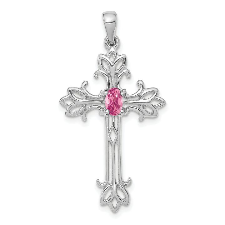 14k White Gold Oval Shape Pink Tourmaline Stone Cross Pendant