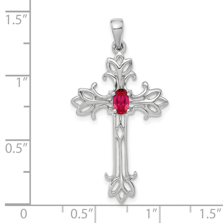 14k White Gold Oval Stone Ruby Design Cross Pendant