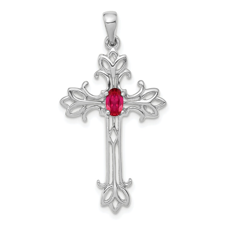 14k White Gold Oval Stone Ruby Design Cross Pendant