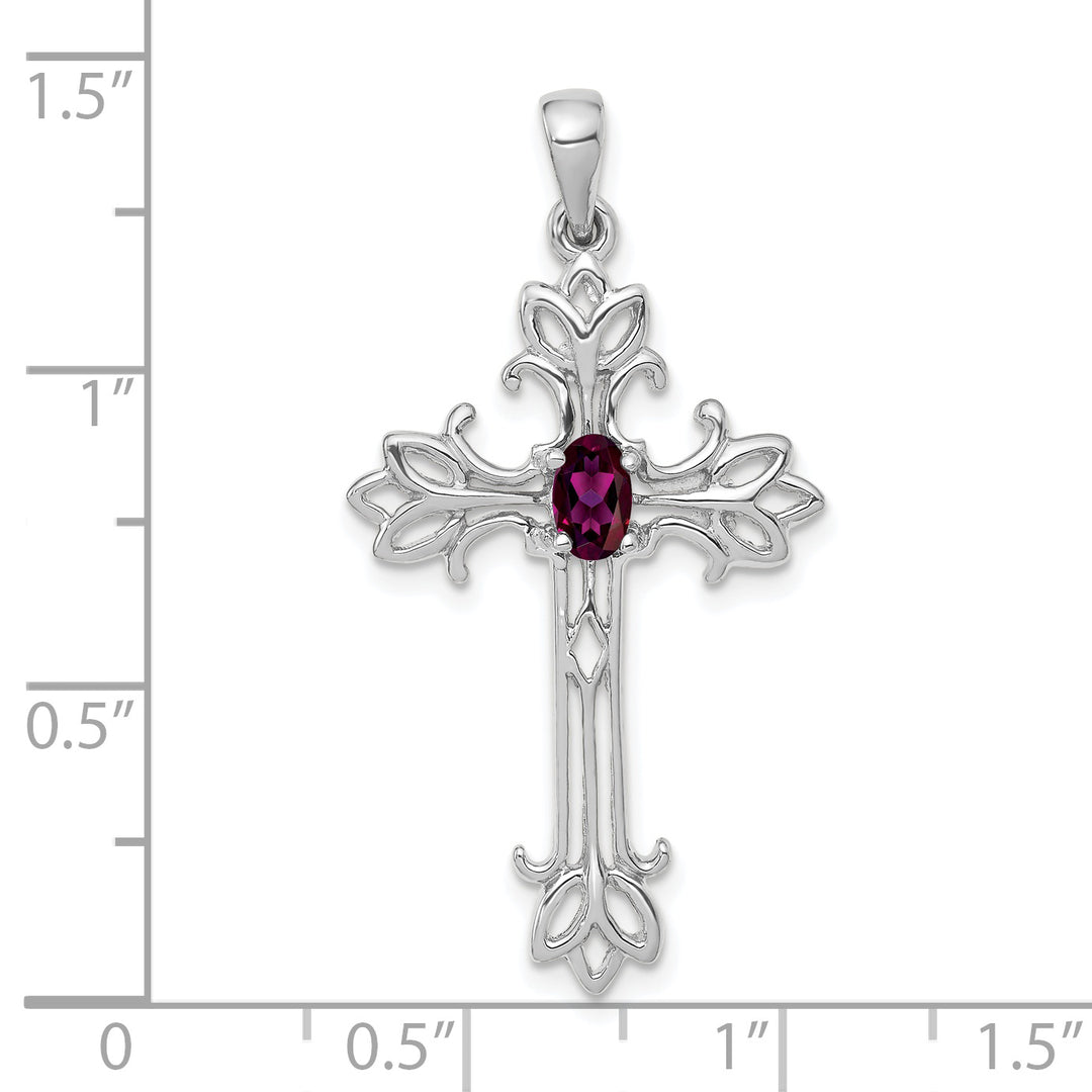 14k White Gold Rhodolite Oval Stone Garnet Design Cross Pendant
