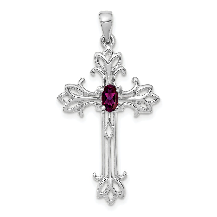 14k White Gold Rhodolite Oval Stone Garnet Design Cross Pendant