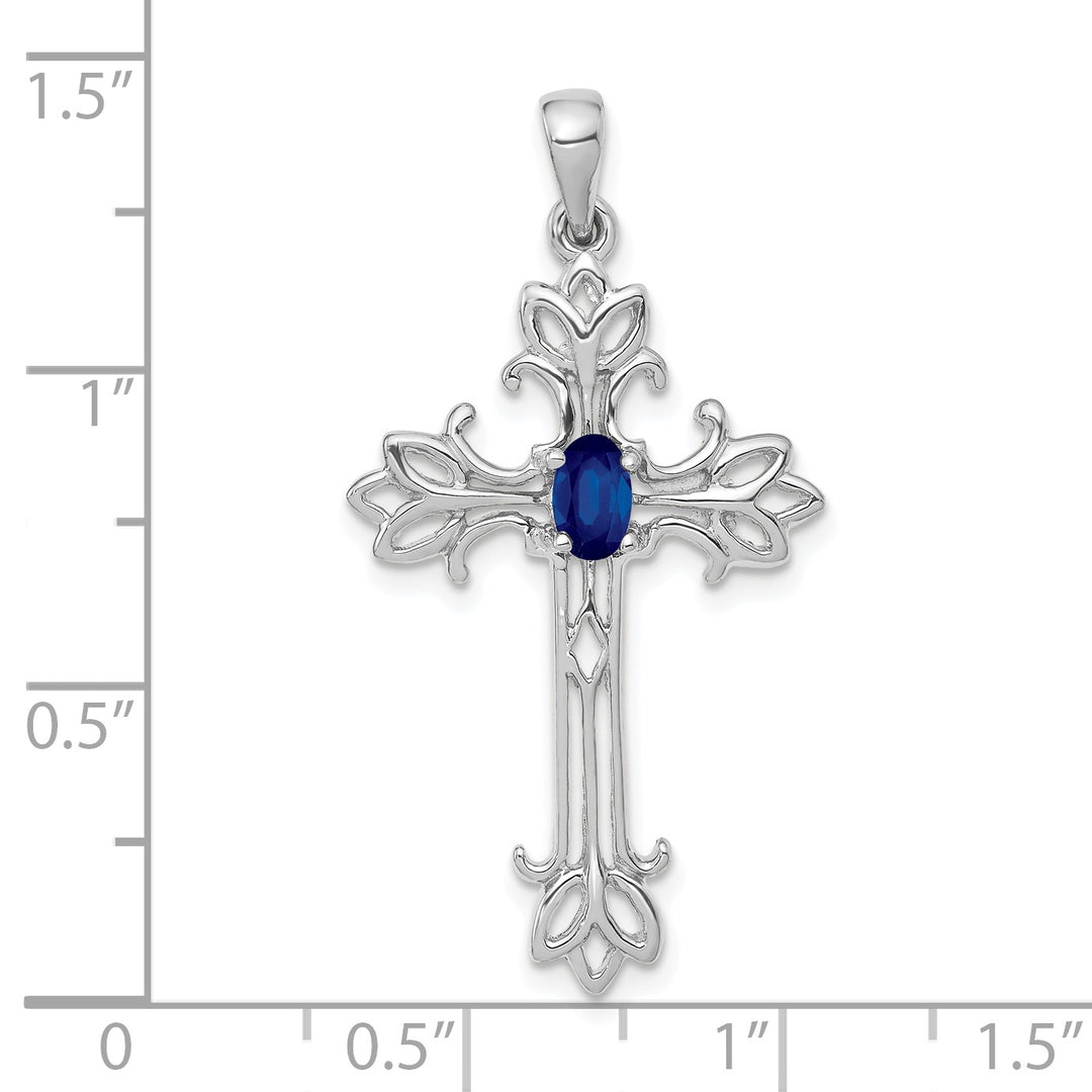14k White Gold Oval Shape Sapphire Stone Cross Pendant