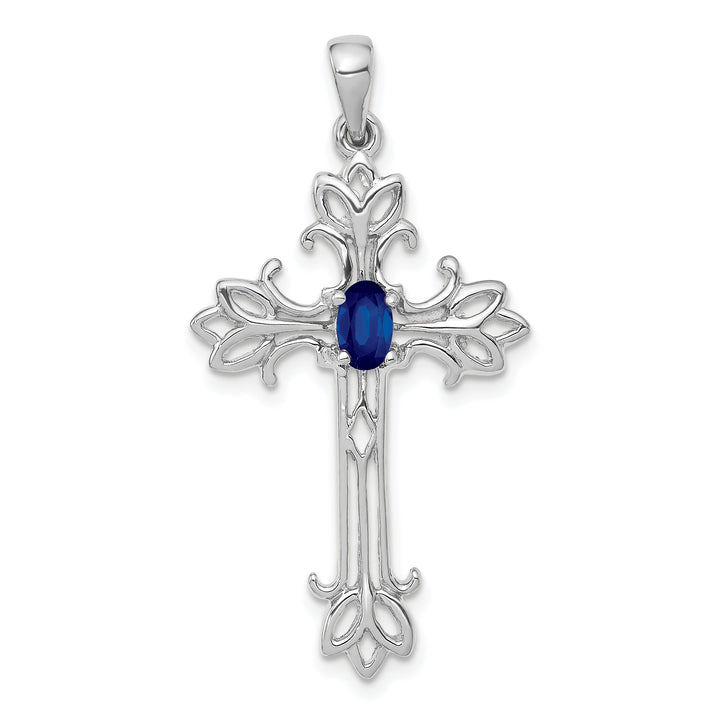 14k White Gold Oval Shape Sapphire Stone Cross Pendant