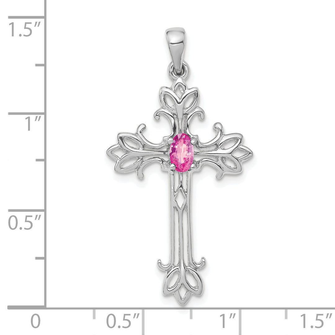14k White Gold Oval Shape Pink Sapphire Stone Cross Pendant