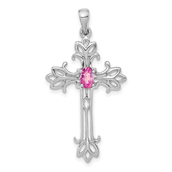 14k White Gold Oval Shape Pink Sapphire Stone Cross Pendant