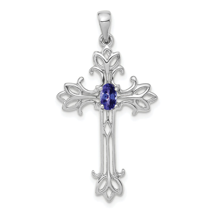 14k White Gold Oval Stone Tanzanite Cross Pendant