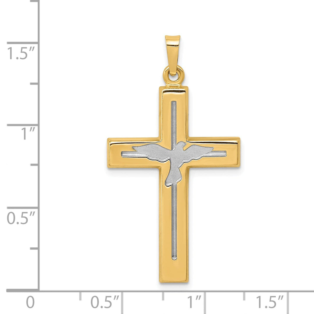 14K Yellow, White Gold Cross with Dove Design Pendant