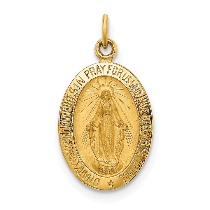 14K Yellow Gold Polished Satin Solid Small Miraculous Medal Oval Charm