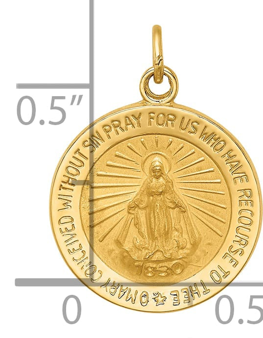 14K Yellow Gold Polished Satin Solid Miraculous Medal Round Charm