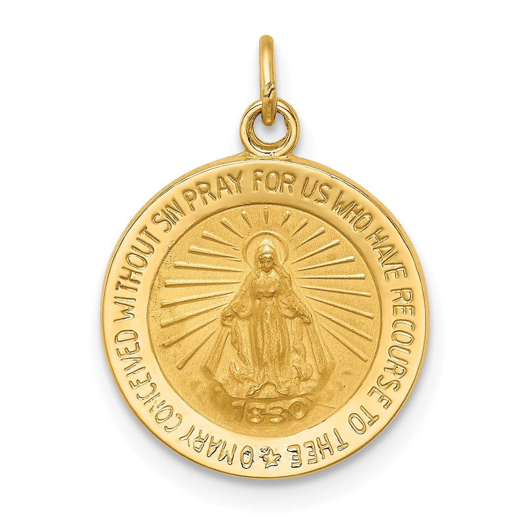 14K Yellow Gold Polished Satin Solid Miraculous Medal Round Charm