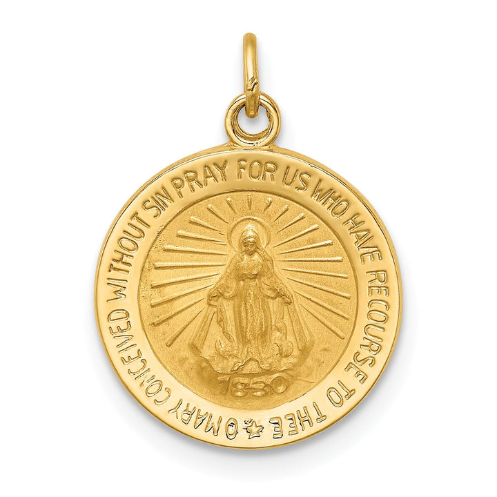 14K Yellow Gold Polished Satin Solid Miraculous Medal Round Charm