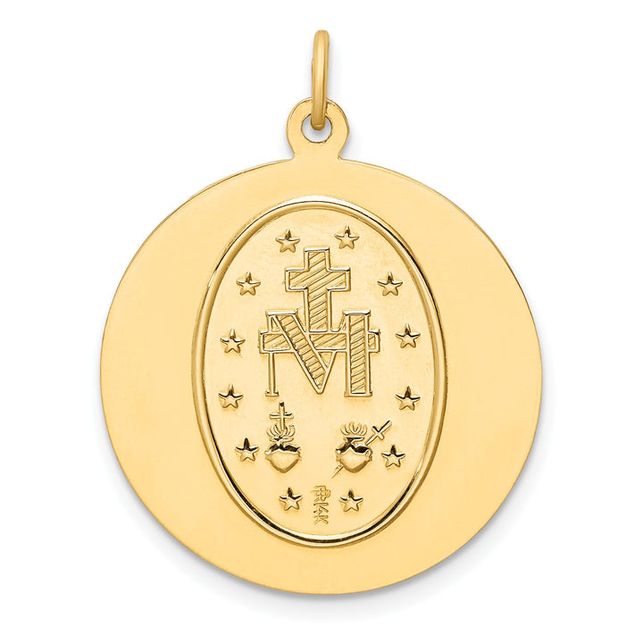 14K Yellow Gold Polished Satin Solid Miraculous Medal Round Pendant