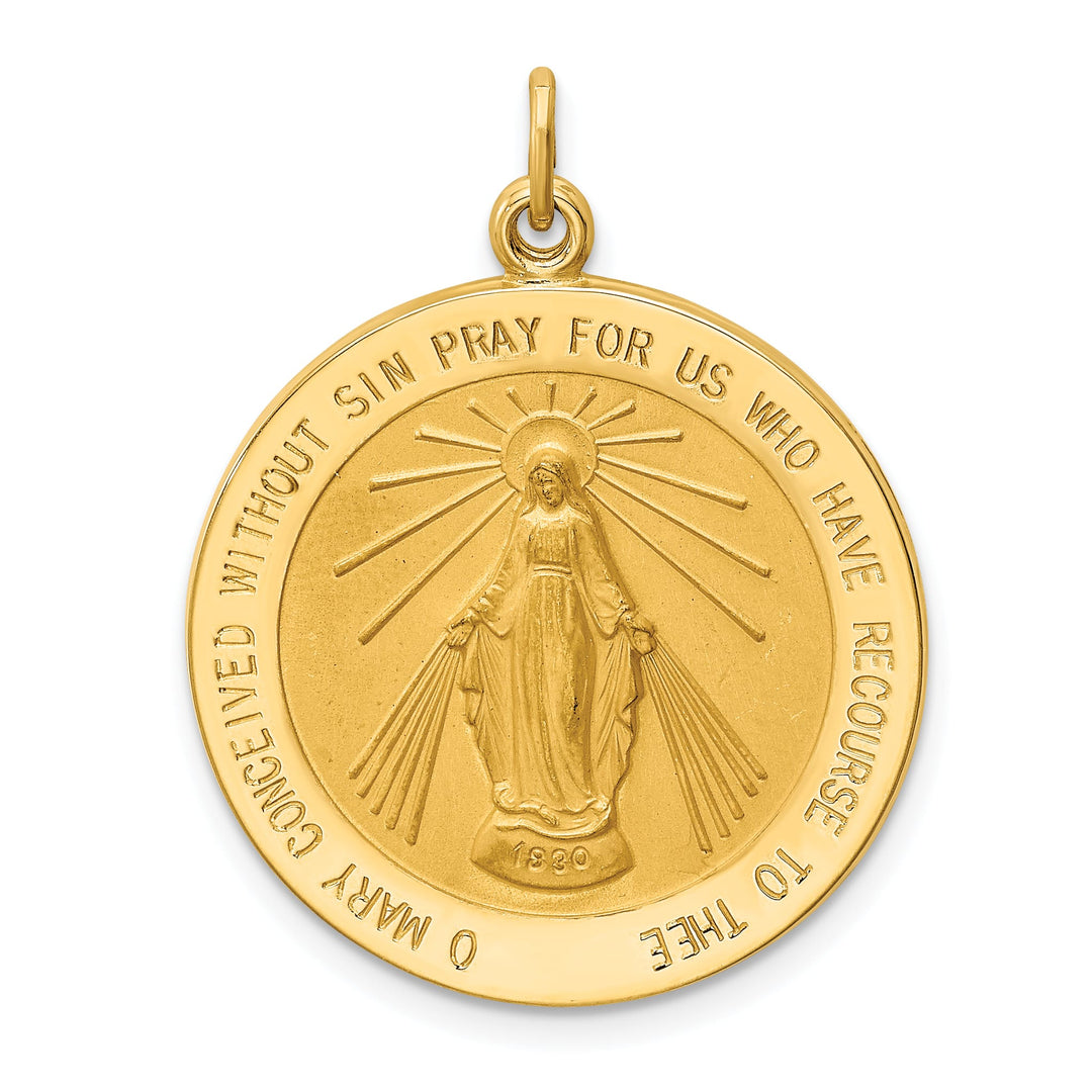 14K Yellow Gold Polished Satin Solid Miraculous Medal Round Pendant