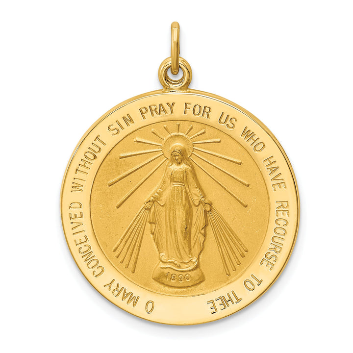 14K Yellow Gold Polished Satin Solid Miraculous Medal Round Pendant