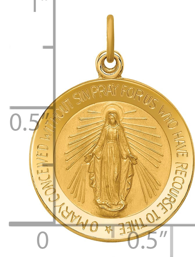 14K Yellow Gold Polished Satin Small Miraculous Medal Round Pendant
