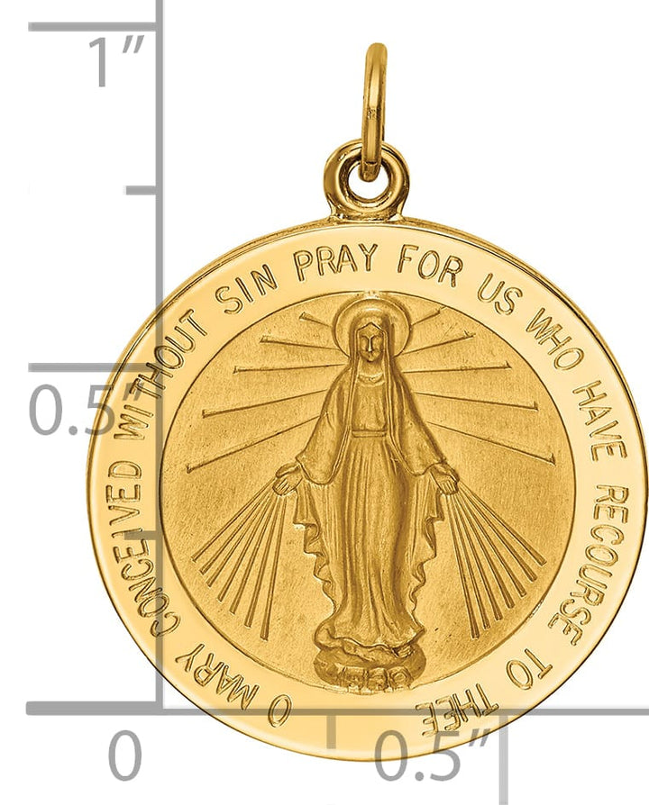 14K Yellow Gold Polished Satin Solid Miraculous Medal Round Pendant