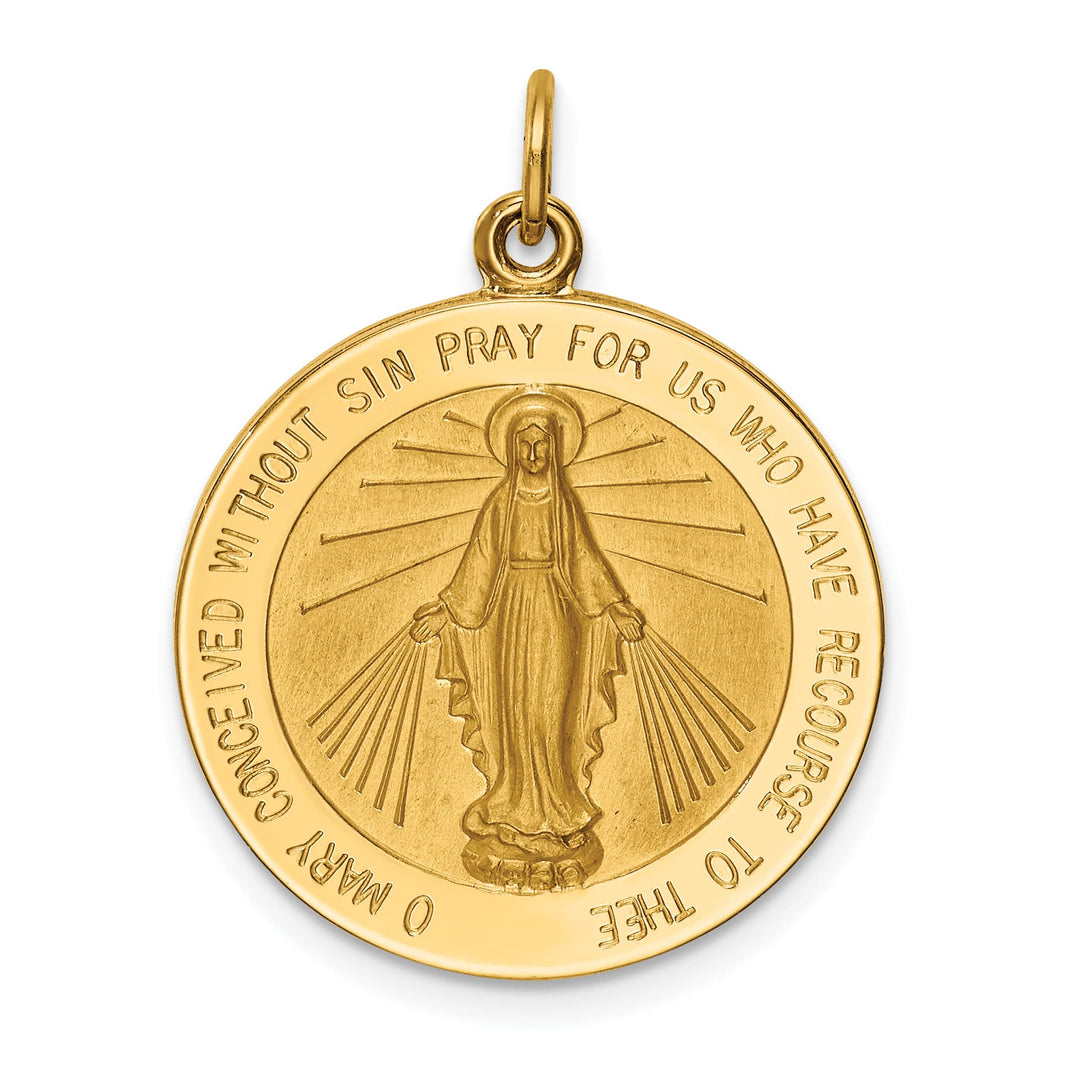 14K Yellow Gold Polished Satin Solid Miraculous Medal Round Pendant