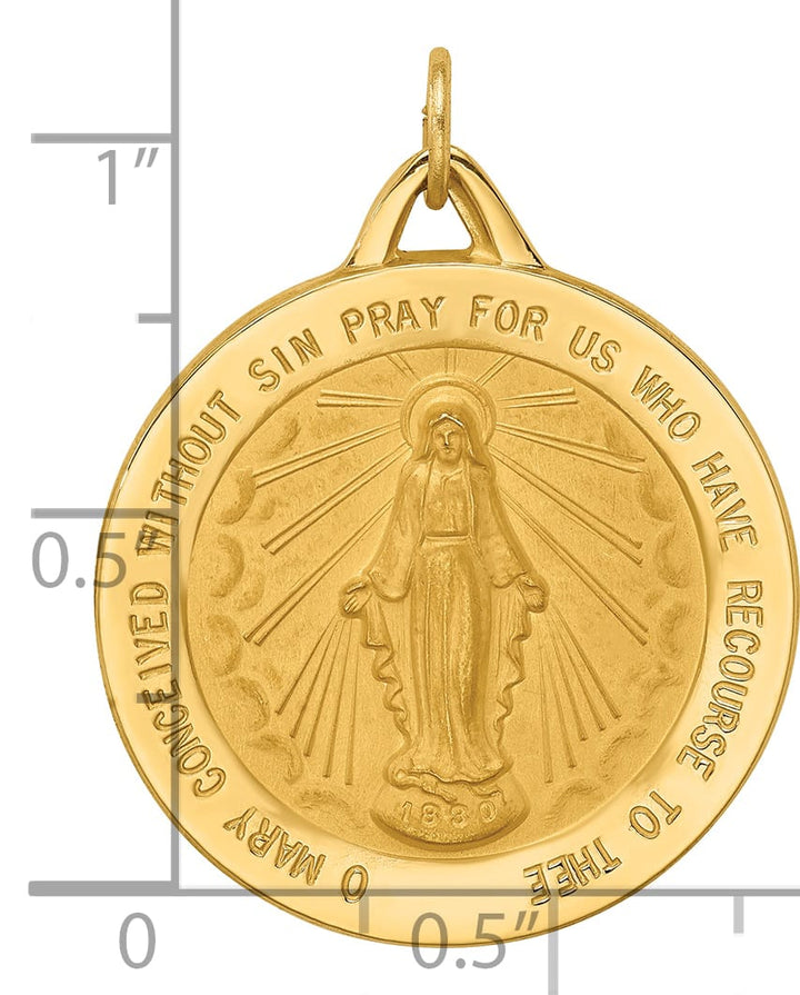 14K Yellow Gold Polished Satin Large Miraculous Medal Round Pendant