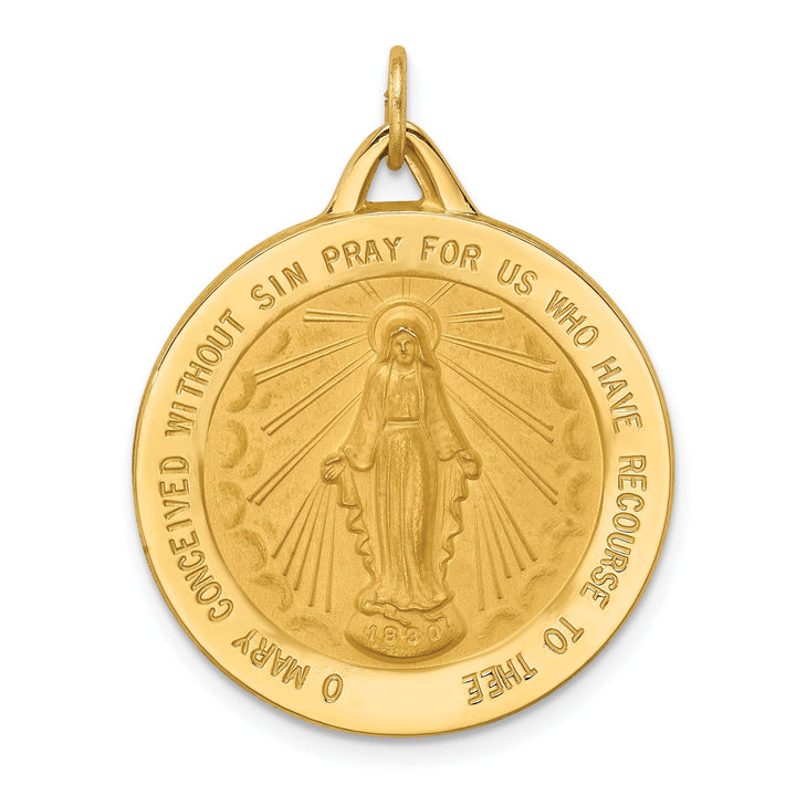 14K Yellow Gold Polished Satin Large Miraculous Medal Round Pendant