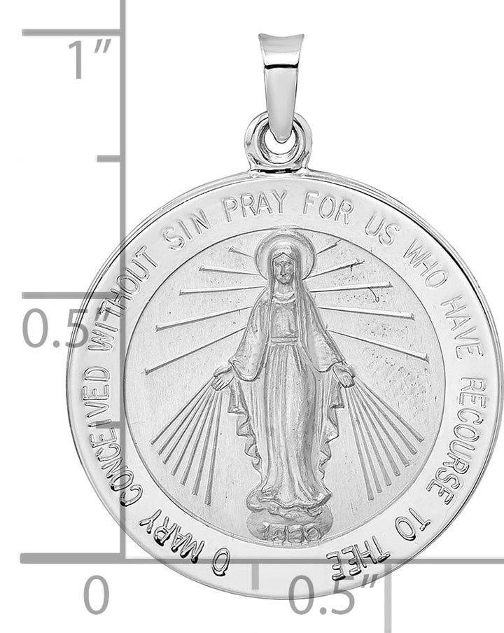 14K White Gold Polished Satin Solid Miraculous Medal Round Pendant