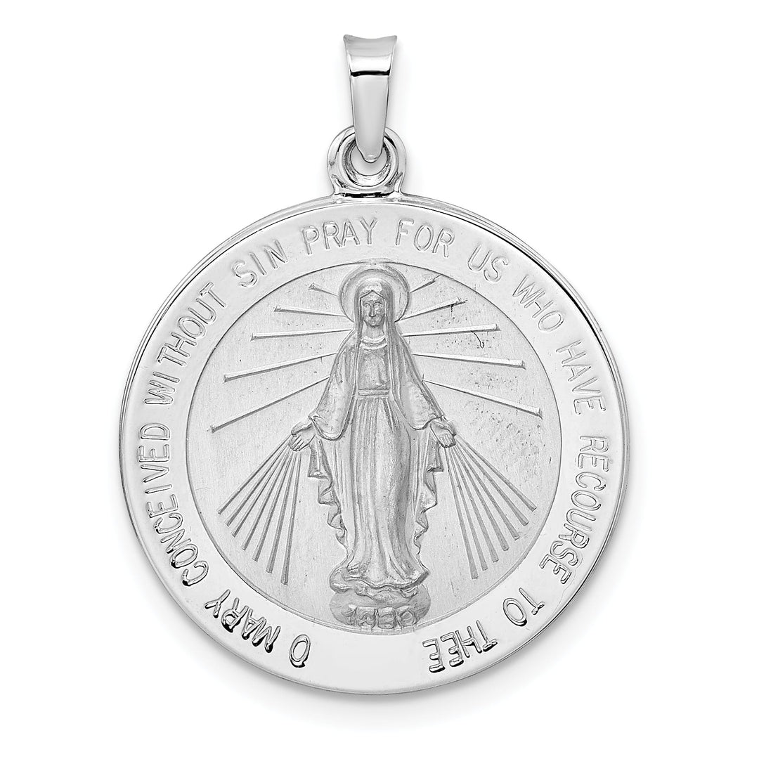 14K White Gold Polished Satin Solid Miraculous Medal Round Pendant