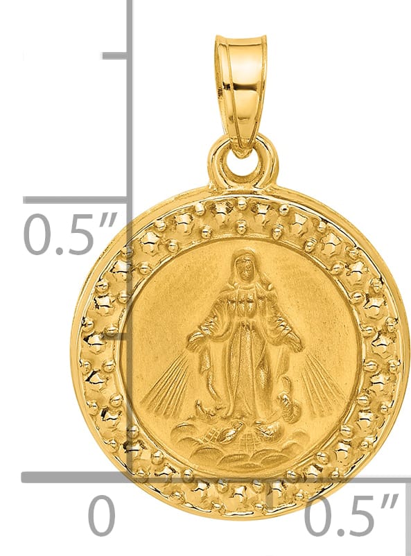 14K Yellow Gold Polished Satin Miraculous Medal Plain Back Pendant