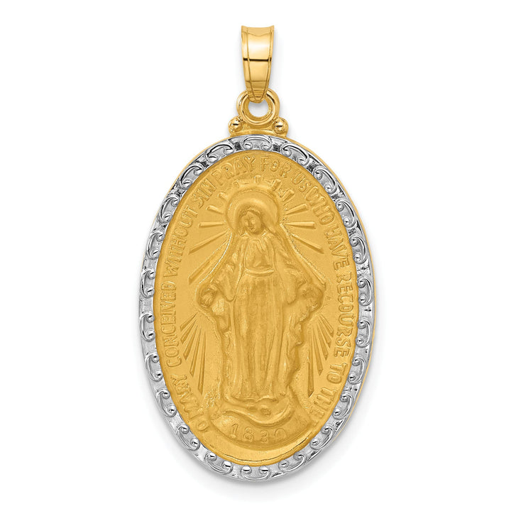 14K Yellow Gold Polished Satin Solid Miraculous Medal Oval Pendant