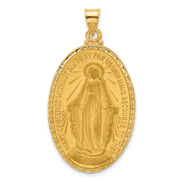 14K Yellow Gold Polished Satin Large Miraculous Medal Oval Pendant