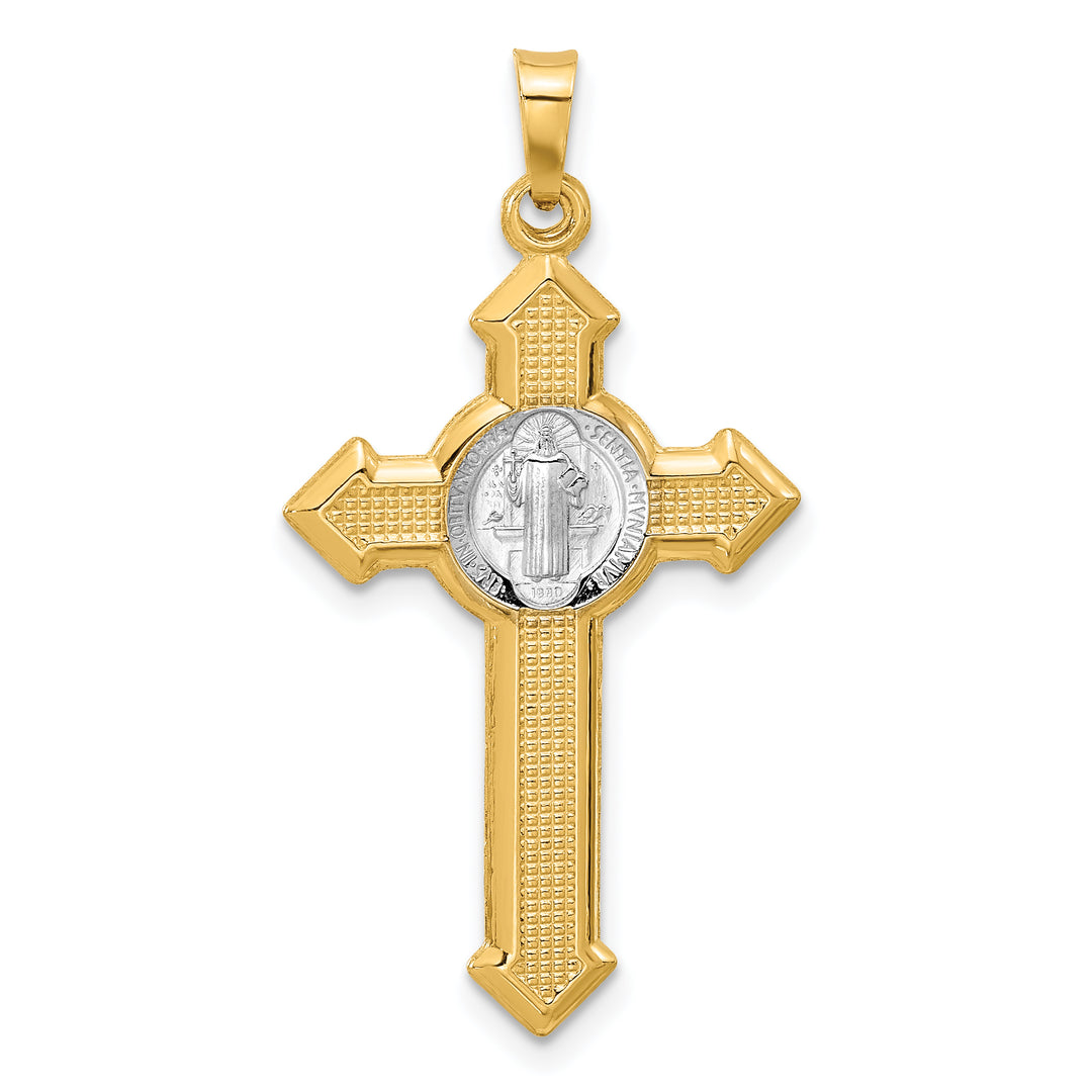 14K Two-Tone Gold Textured Hollow Budded St Benedict Cross Pendant