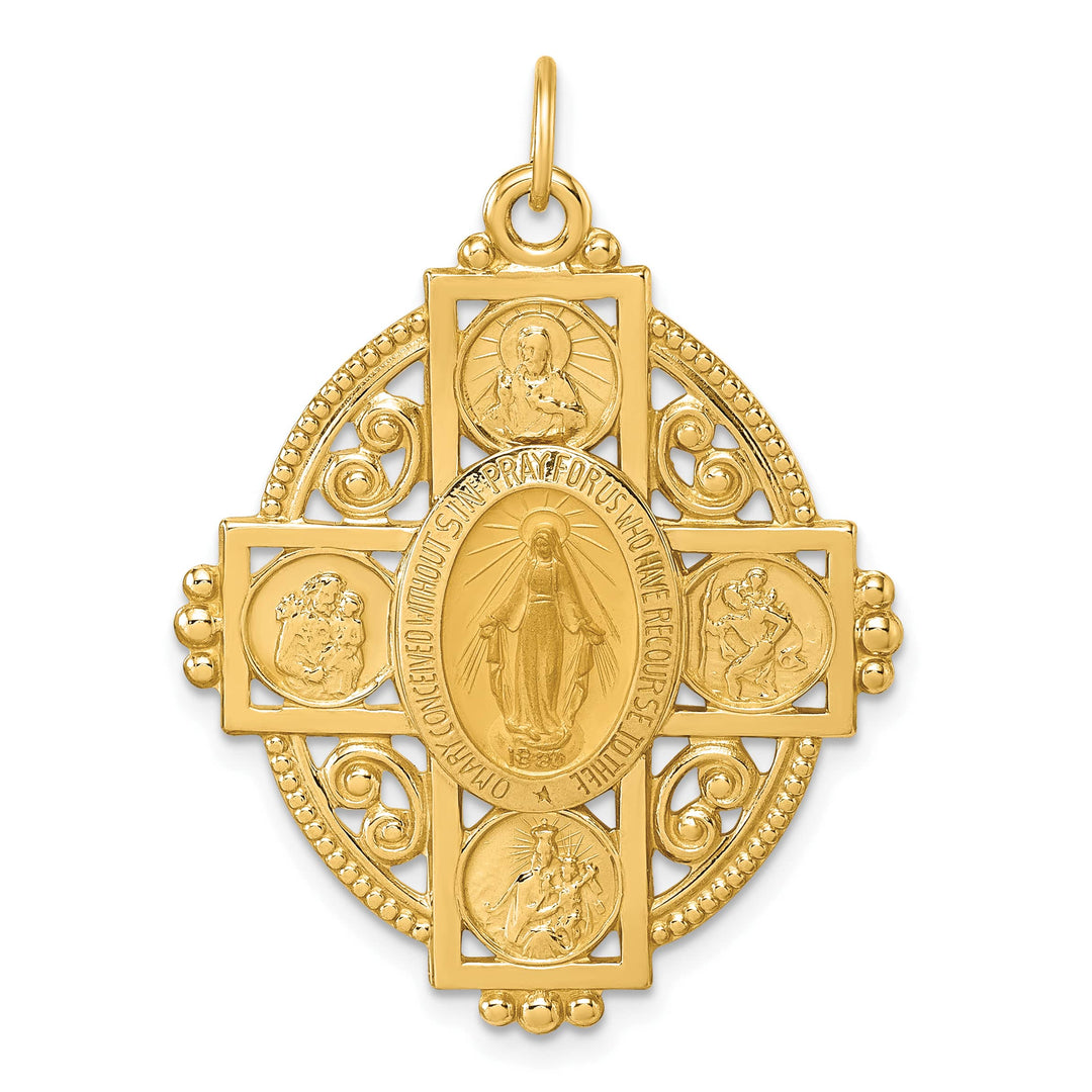 14K Yellow Gold Miraculous Medal and Four-way Cross in Filigree Oval