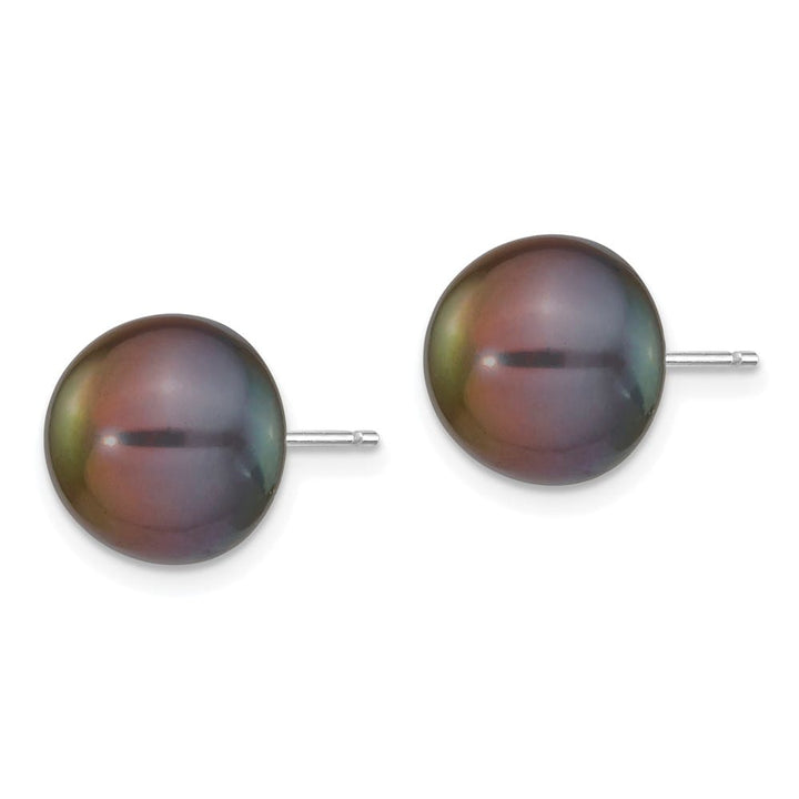 14K White Gold 10-11mm Black Button Freshwater Pearl Stud Earrings