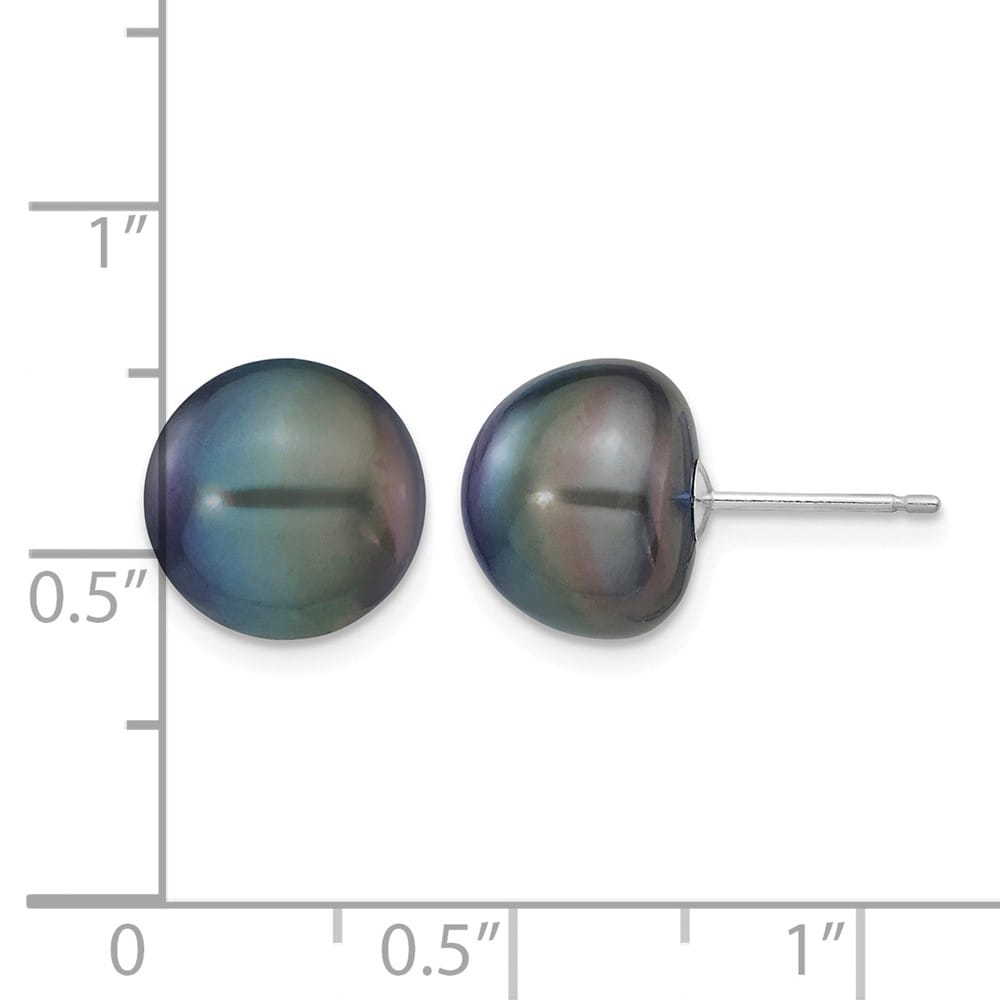 14K White Gold 10-11mm Black Button Freshwater Pearl Stud Earrings