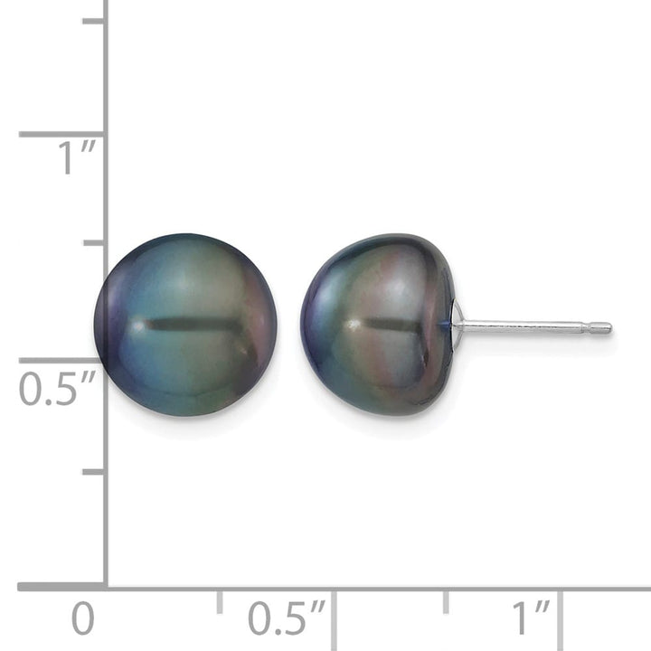 14K White Gold 10-11mm Black Button Freshwater Pearl Stud Earrings