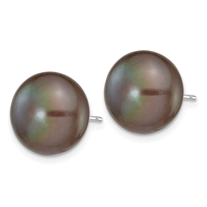 14K White Gold 11-12mm Black Button Freshwater Pearl Stud Earrings