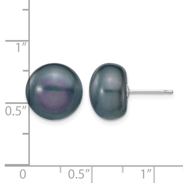14K White Gold 11-12mm Black Button Freshwater Pearl Stud Earrings