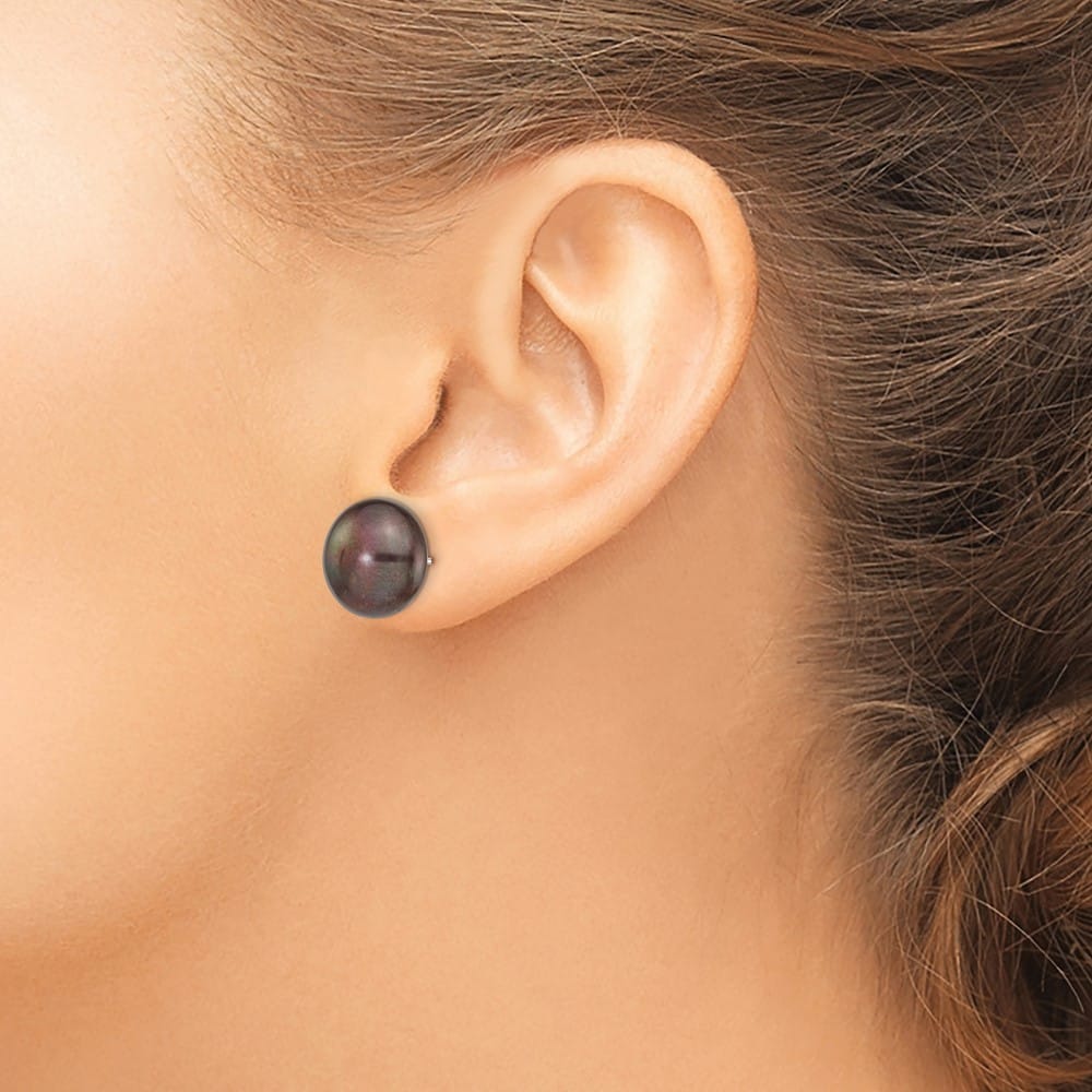 14K White Gold 12-13mm Black Button Freshwater Pearl Stud Earrings