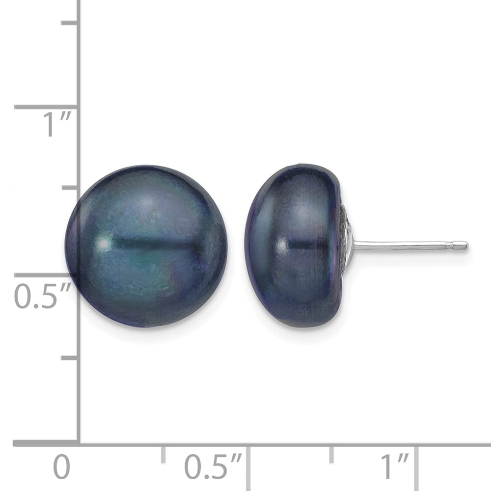 14K White Gold 12-13mm Black Button Freshwater Pearl Stud Earrings