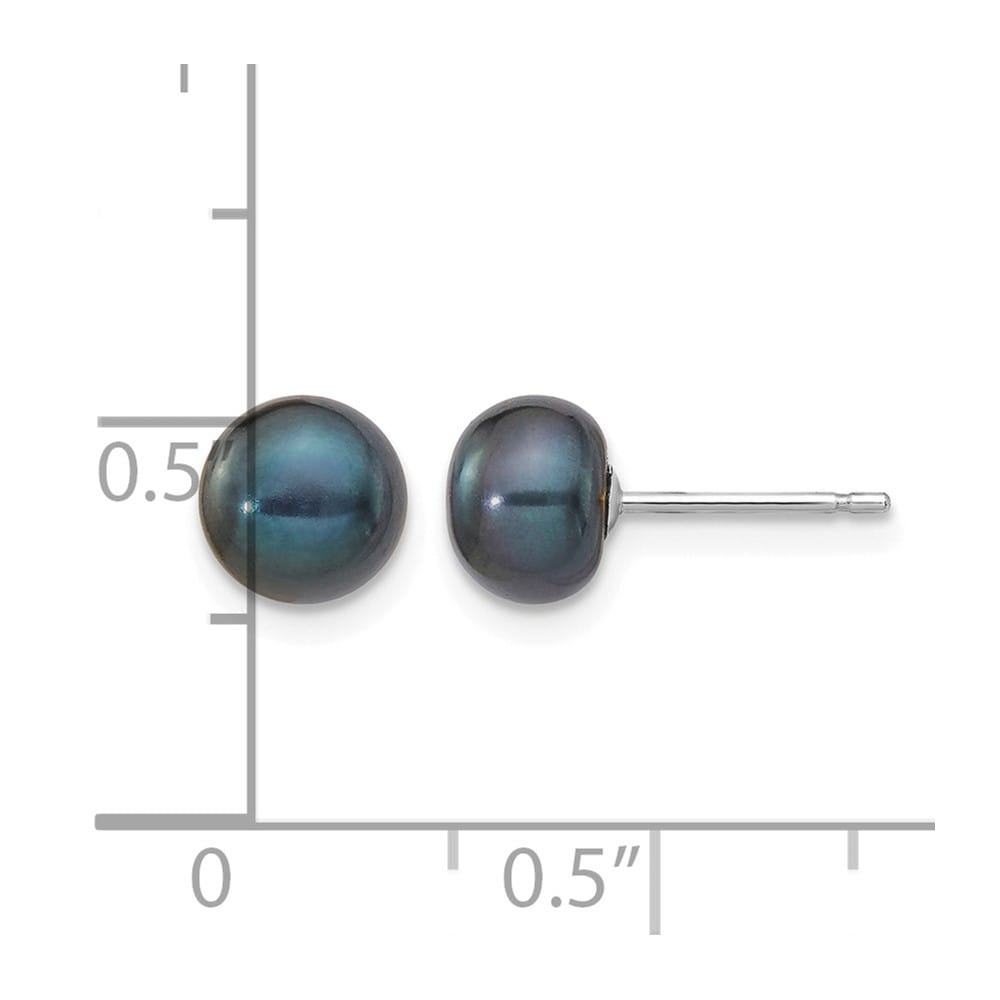 14K White Gold 6-7mm Black Button Freshwater Pearl Stud Post Earrings