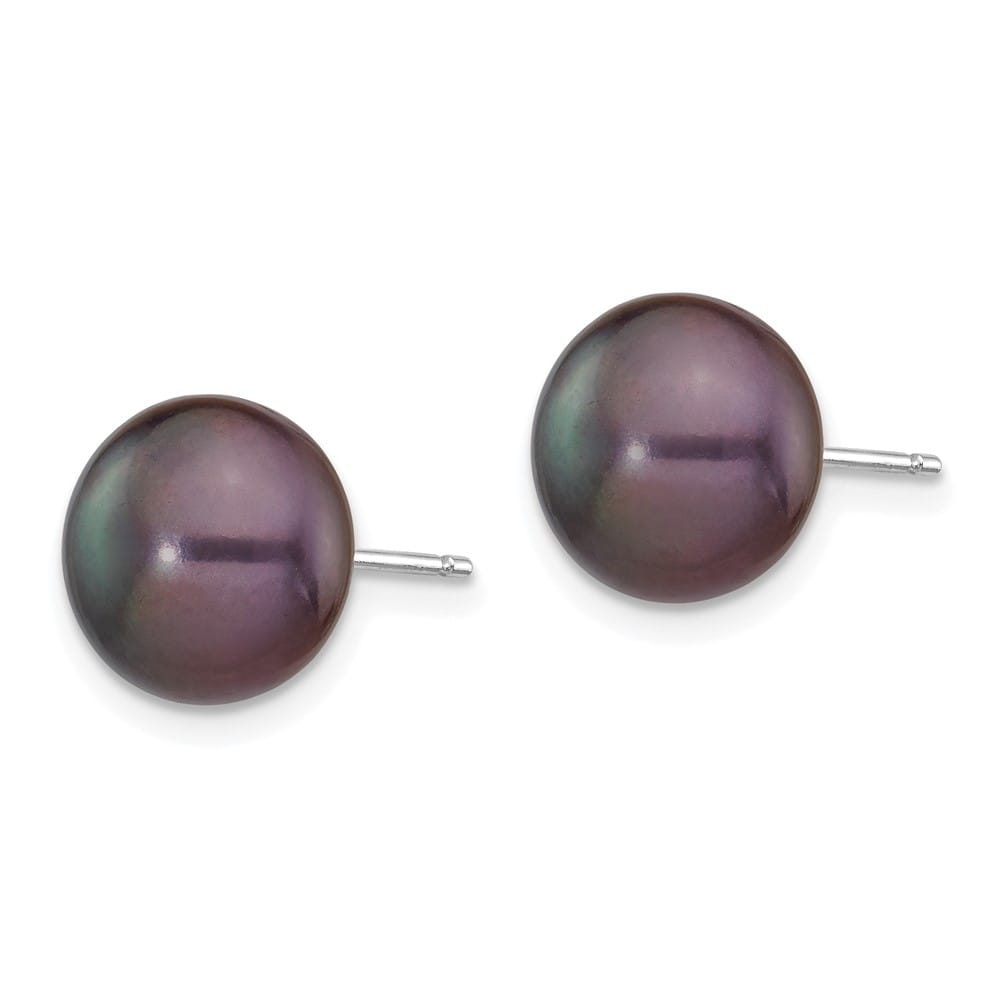 14K White Gold 9-10mm Black Button Freshwater Pearl Stud Post Earrings