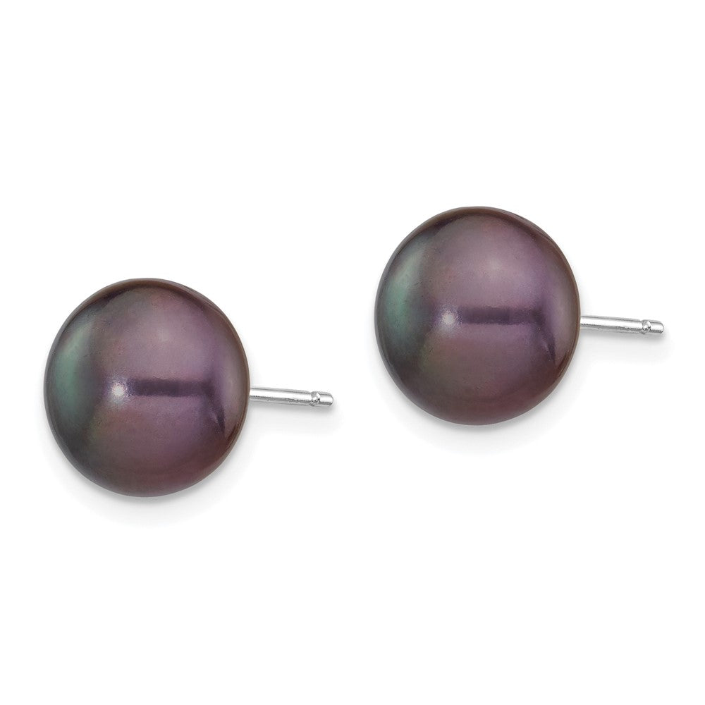 14K White Gold 9-10mm Black Button Freshwater Pearl Stud Post Earrings