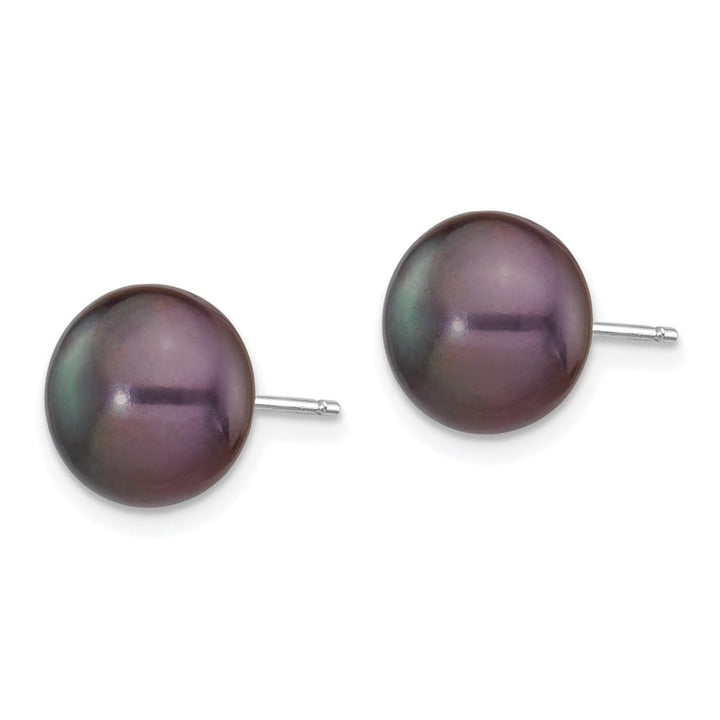 14K White Gold 9-10mm Black Button Freshwater Pearl Stud Post Earrings