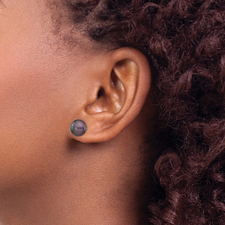 14K White Gold 9-10mm Black Button Freshwater Pearl Stud Post Earrings